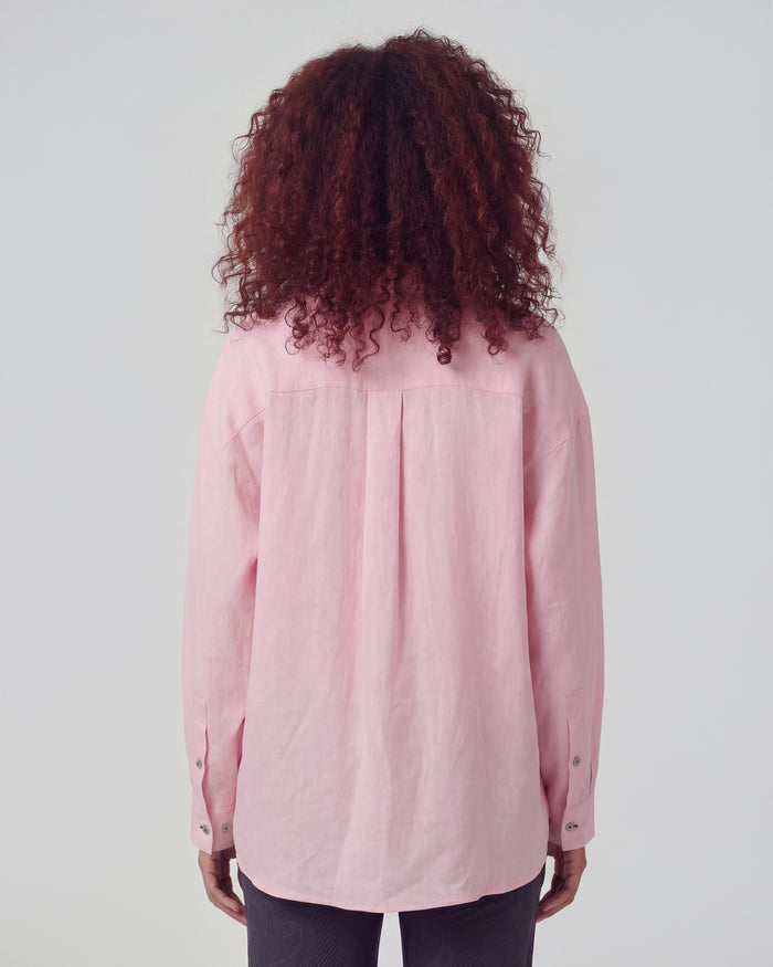 LYDIA CROCHET FRESH PINK WOMENS RELAXED LINEN SHIRT
