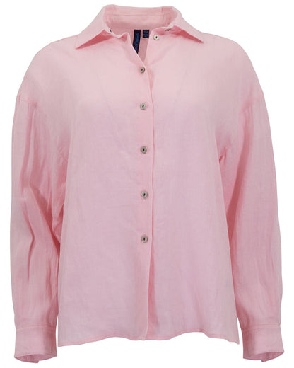 LYDIA CROCHET FRESH PINK WOMENS RELAXED LINEN SHIRT