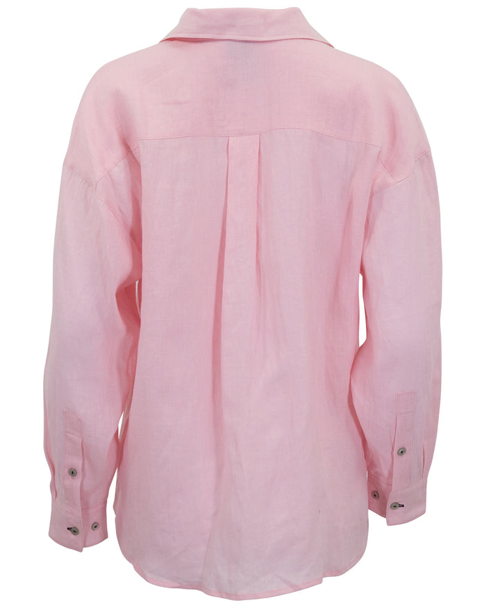 LYDIA CROCHET FRESH PINK WOMENS RELAXED LINEN SHIRT