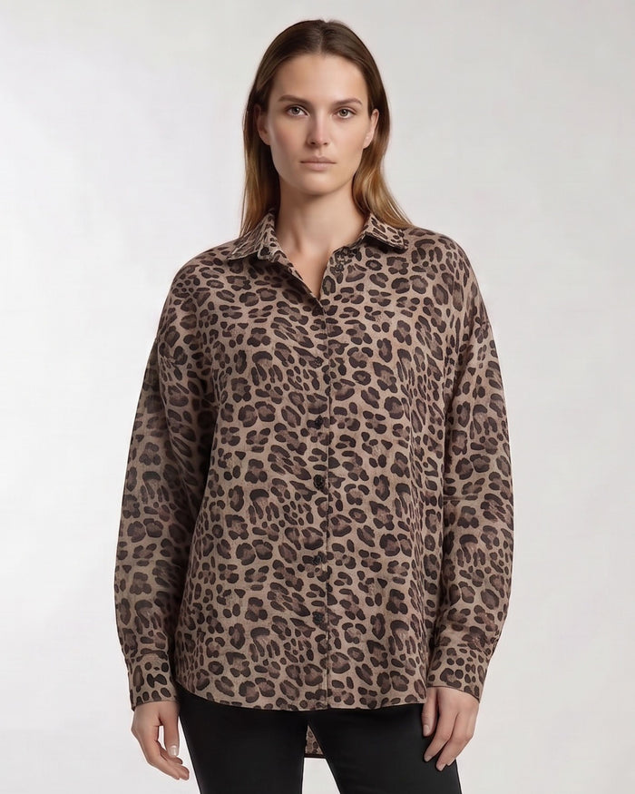 LYDIA CROCHET LEOPARD BROWN WOMENS RELAXED LINEN SHIRT