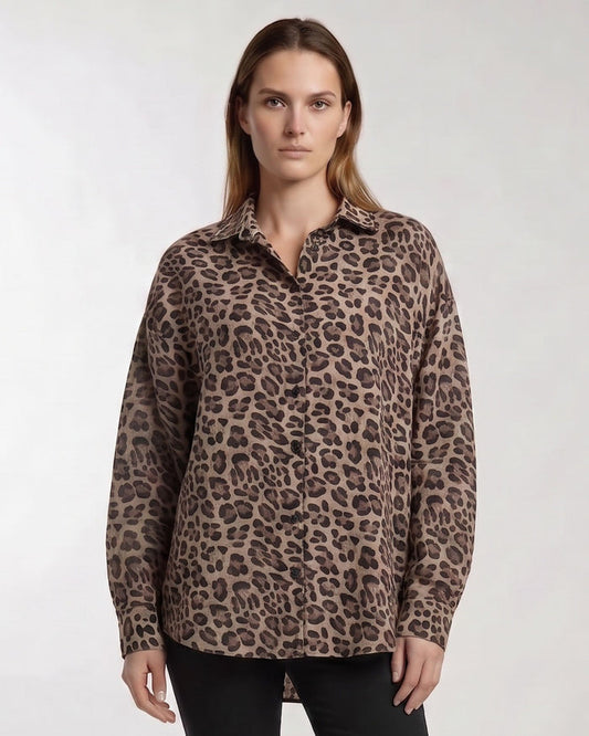 LYDIA CROCHET LEOPARD BROWN WOMENS RELAXED LINEN SHIRT