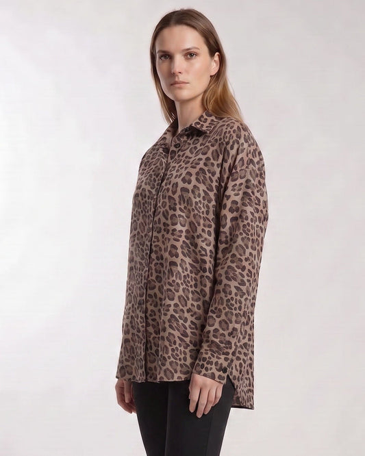 LYDIA CROCHET LEOPARD BROWN WOMENS RELAXED LINEN SHIRT