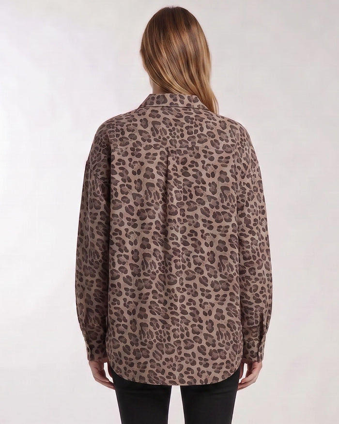 LYDIA CROCHET LEOPARD BROWN WOMENS RELAXED LINEN SHIRT