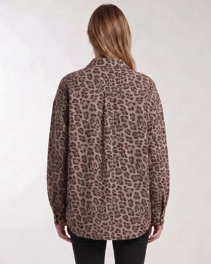LYDIA CROCHET LEOPARD BROWN WOMENS RELAXED LINEN SHIRT