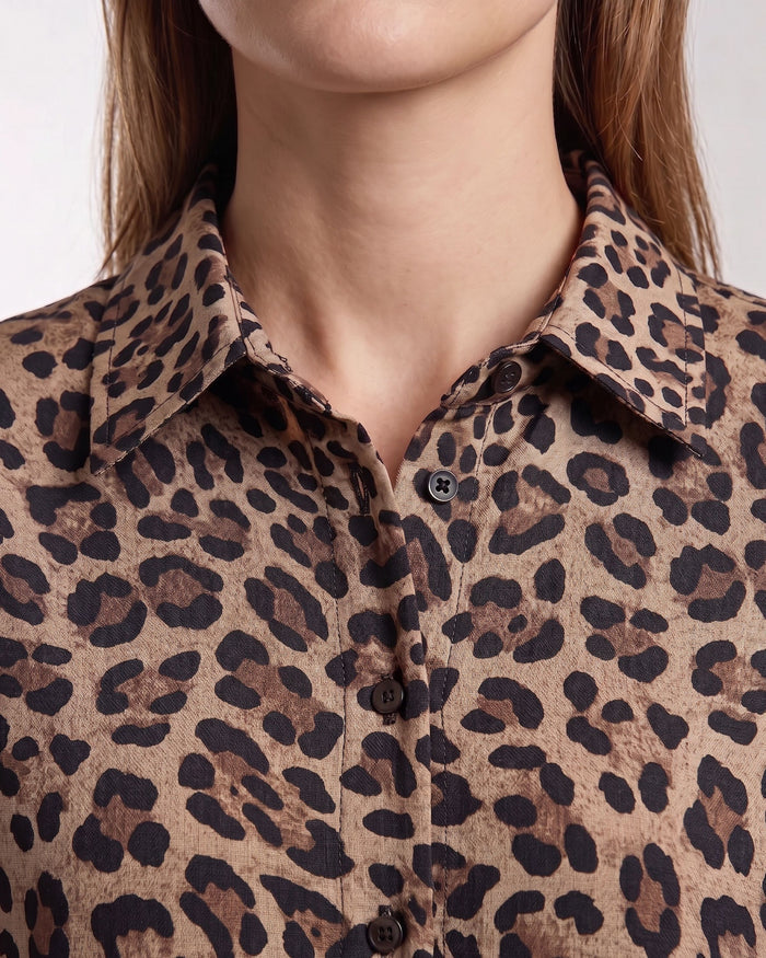 LYDIA CROCHET LEOPARD BROWN WOMENS RELAXED LINEN SHIRT
