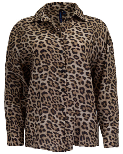 LYDIA CROCHET LEOPARD BROWN WOMENS RELAXED LINEN SHIRT