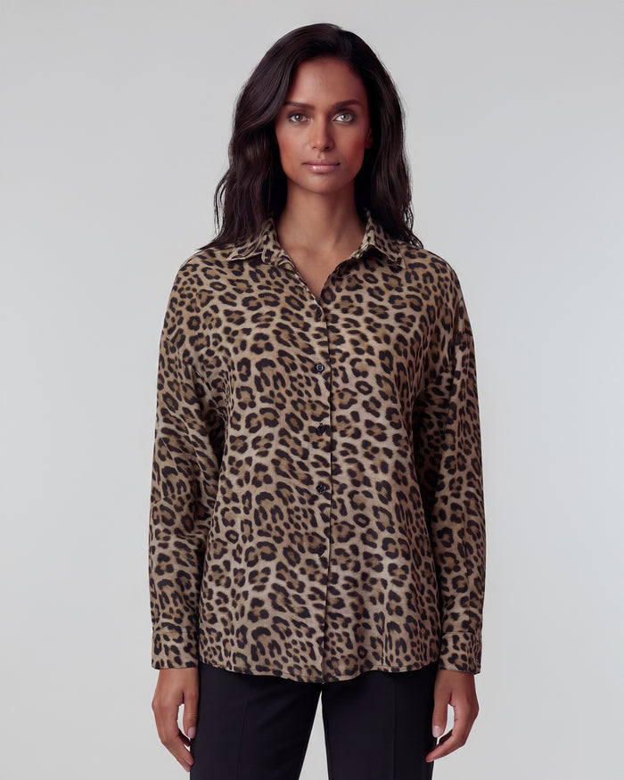LYDIA CROCHET LEOPARD BROWN WOMENS RELAXED LINEN SHIRT