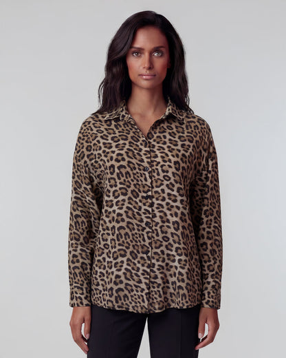 LYDIA CROCHET LEOPARD BROWN WOMENS RELAXED LINEN SHIRT