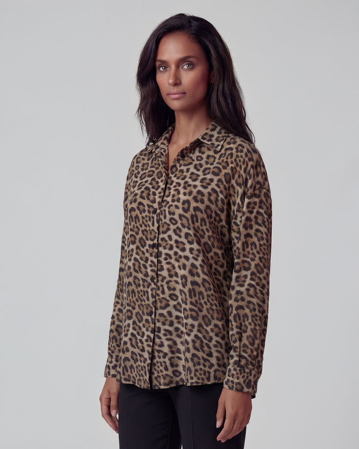 LYDIA CROCHET LEOPARD BROWN WOMENS RELAXED LINEN SHIRT