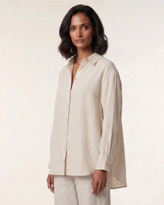 LYDIA CROCHET NATURAL WOMENS RELAXED LINEN SHIRT