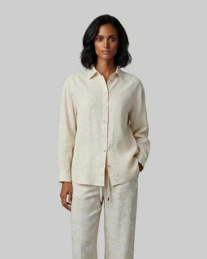 LYDIA CROCHET NATURAL WOMENS RELAXED LINEN SHIRT