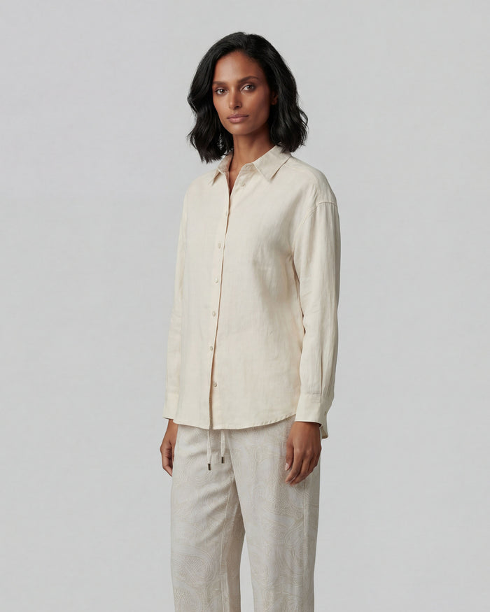 LYDIA CROCHET NATURAL WOMENS RELAXED LINEN SHIRT