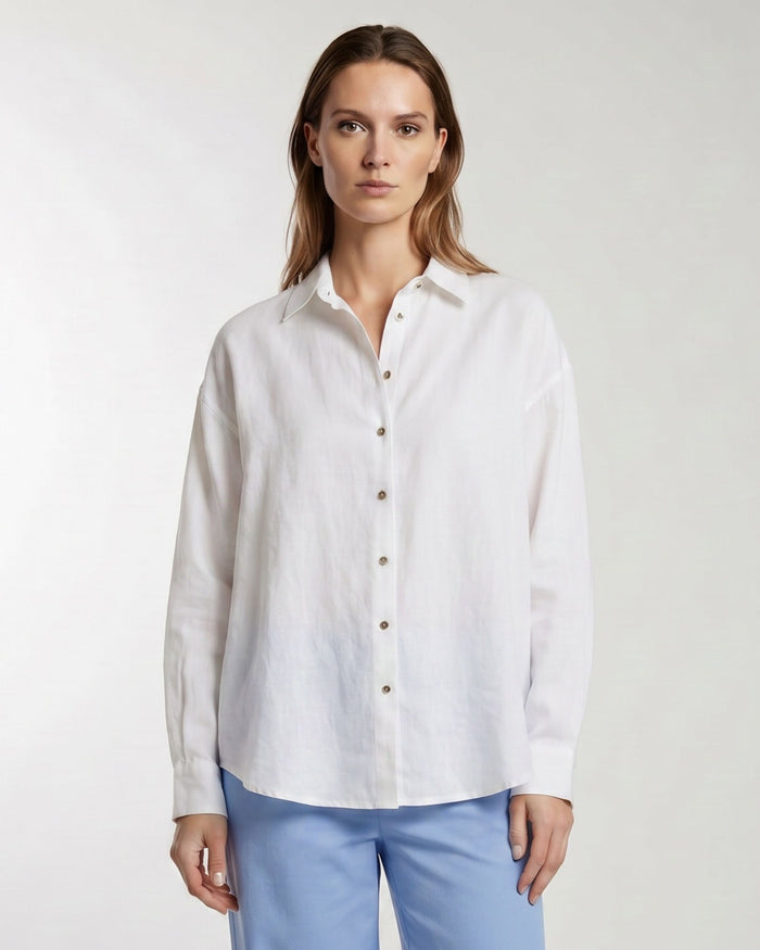 LYDIA CROCHET WHITE WOMENS RELAXED LINEN SHIRT
