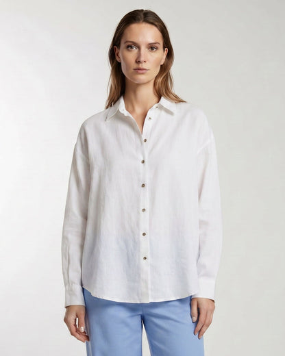 LYDIA CROCHET WHITE WOMENS RELAXED LINEN SHIRT