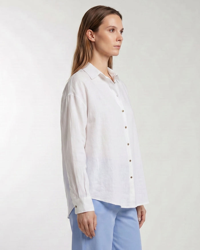 LYDIA CROCHET WHITE WOMENS RELAXED LINEN SHIRT