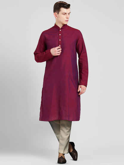 Magenta Cotton Silk Solid Kurta Trouser Set