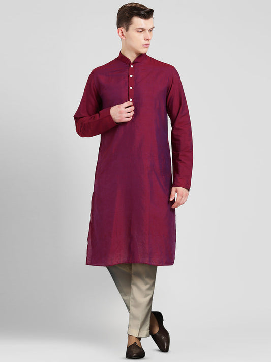 Magenta Cotton Silk Solid Kurta Trouser Set