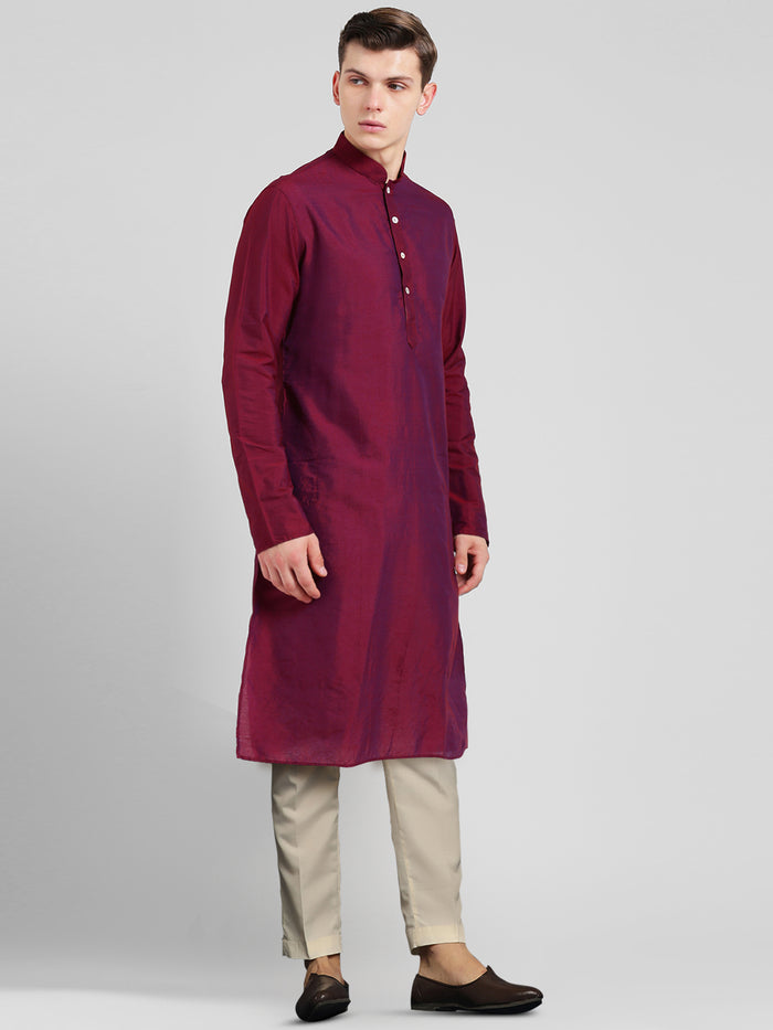 Magenta Cotton Silk Solid Kurta Trouser Set