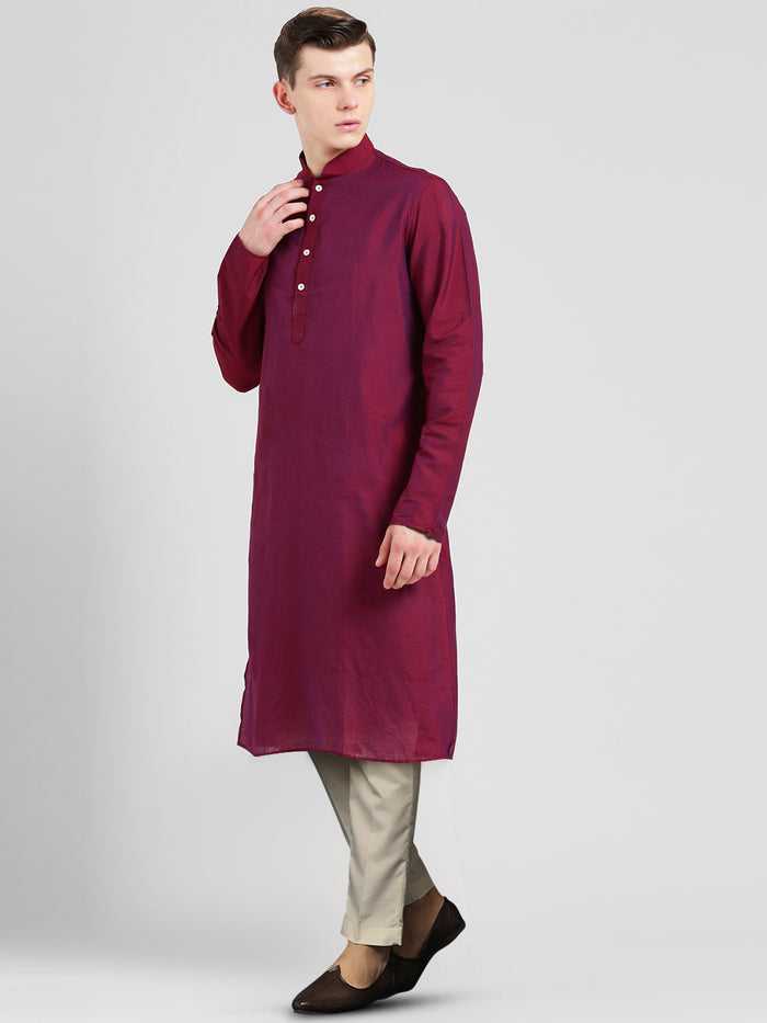 Magenta Cotton Silk Solid Kurta Trouser Set