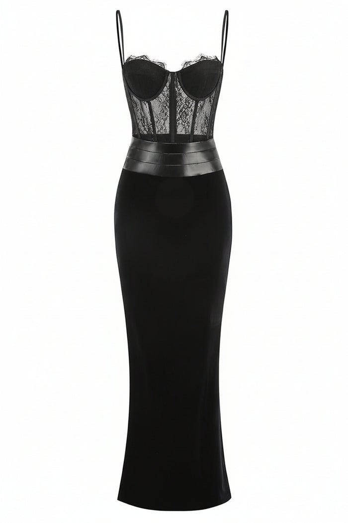 Maisie Lace Corset Leather-Trim Maxi Dress