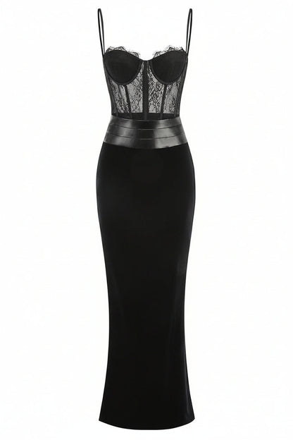Maisie Lace Corset Leather-Trim Maxi Dress