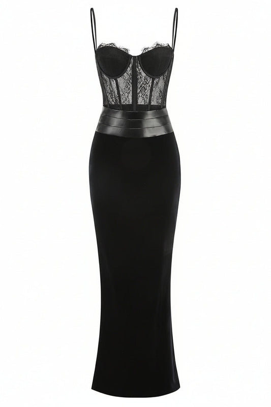 Maisie Lace Corset Leather-Trim Maxi Dress