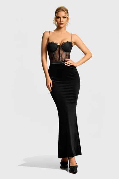 Maisie Lace Corset Leather-Trim Maxi Dress