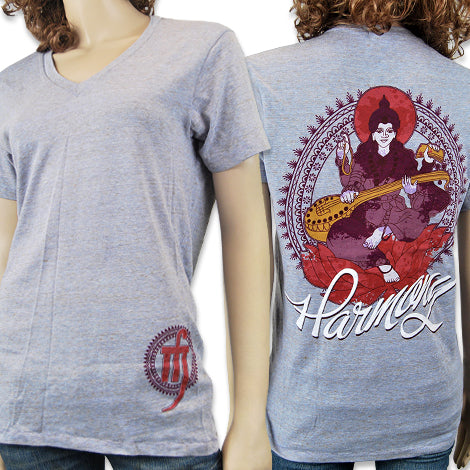 A gray Mantralogy V-neck T-shirt shown from front and back; the front has a small circular design on the lower left, while the back displays a seated Buddha playing a stringed instrument with Harmony underneath.