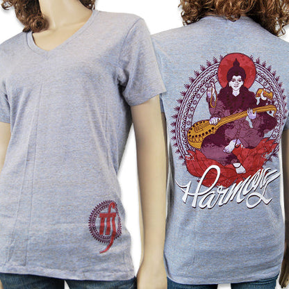 A gray Mantralogy V-neck T-shirt shown from front and back; the front has a small circular design on the lower left, while the back displays a seated Buddha playing a stringed instrument with Harmony underneath.