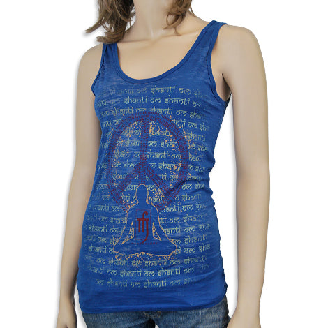 A mannequin wears a Mantralogy blue tank top featuring a large peace symbol, Sanskrit-style text, and a meditating person silhouette on the front, posed against a white background.