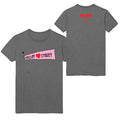 Mantralogy gray t-shirt featuring a front graphic of a pink occupy ♥ street flag. The back displays small red JAI UTTAL text above a red symbol at the top.