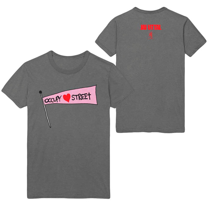 Mantralogy gray t-shirt featuring a front graphic of a pink occupy ♥ street flag. The back displays small red JAI UTTAL text above a red symbol at the top.
