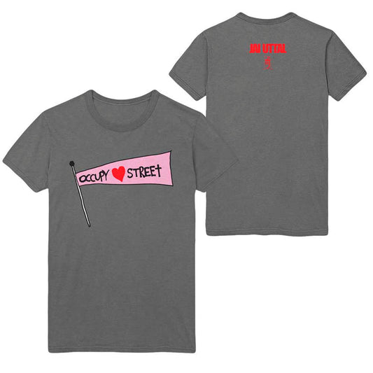 Mantralogy gray t-shirt featuring a front graphic of a pink occupy ♥ street flag. The back displays small red JAI UTTAL text above a red symbol at the top.