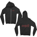 Mantralogy black zip-up hoodie shown front and back, featuring Kalari in red—small on the chest, large on the back with Malayalam script above the English text.