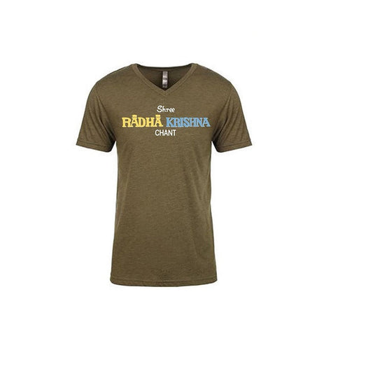 Mantralogy olive green V-neck t-shirt featuring “Shree RĀDHĀ KRISHNA CHANT” printed in white, yellow, and light blue across the chest.