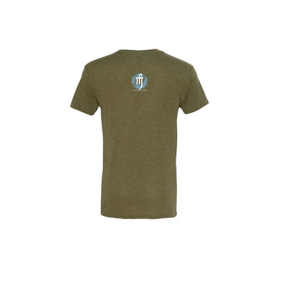 Mantralogy olive green short-sleeve t-shirt shown from the back, featuring a small white and blue circular logo with text near the upper center neckline. The background is plain white.