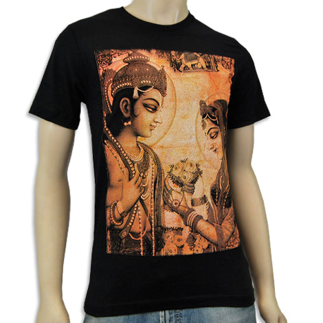 The Mantralogy black T-shirt features a vibrant print of Krishna and Radha facing each other in an artistic style, displayed on a mannequin torso paired with jeans.
