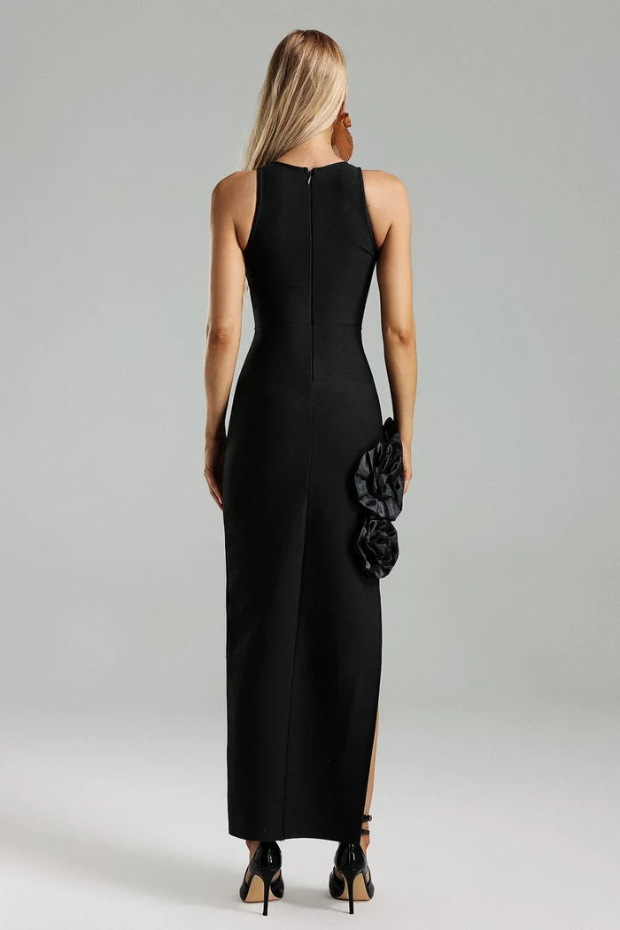 Margot Floral Appliqué High-Slit Maxi Dress
