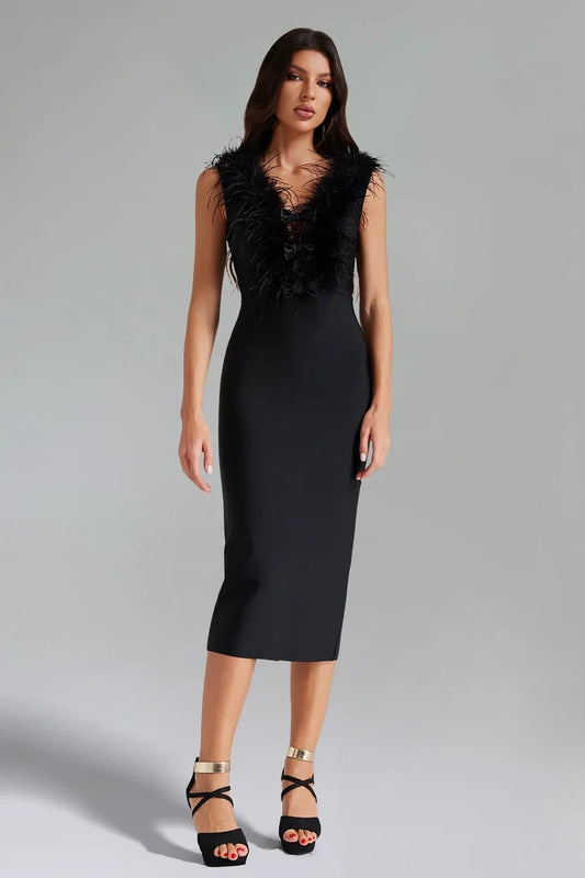 Marley Feather-Trim V-Neck Midi Dress