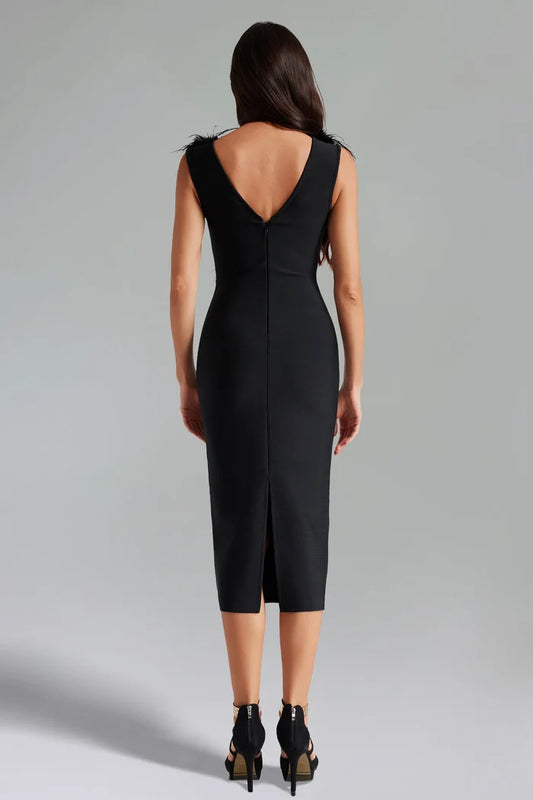 Marley Feather-Trim V-Neck Midi Dress