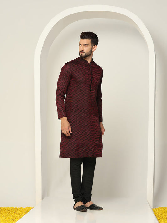 Maroon Art Silk Textured Kurta Churidar Set