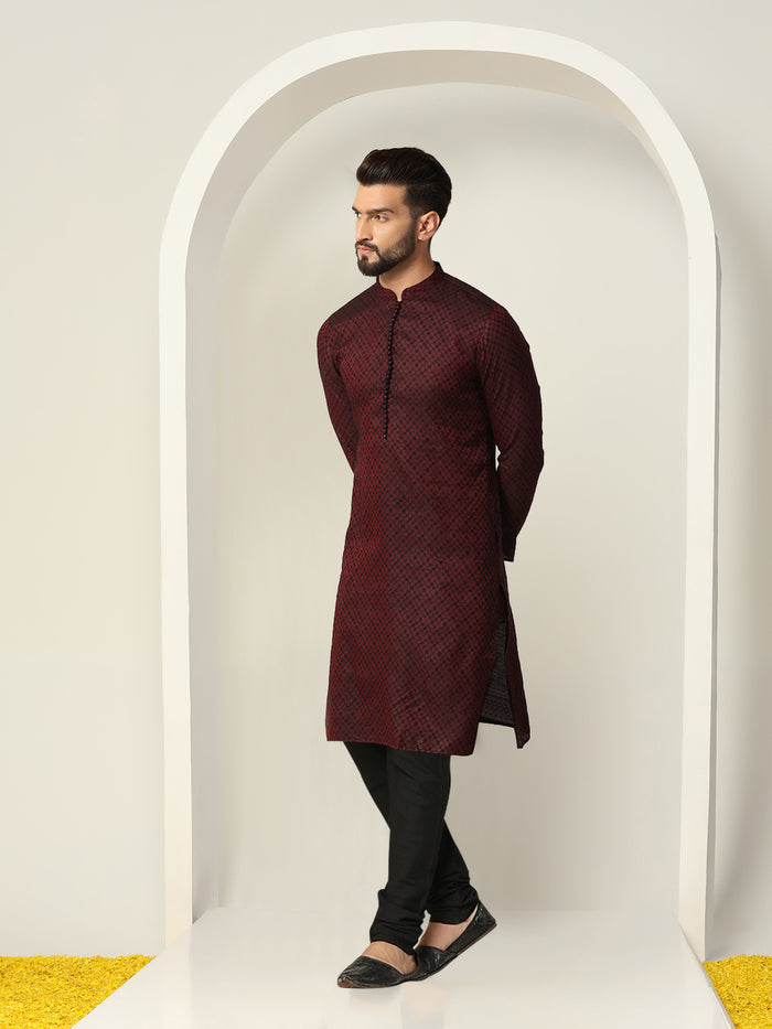 Maroon Art Silk Textured Kurta Churidar Set