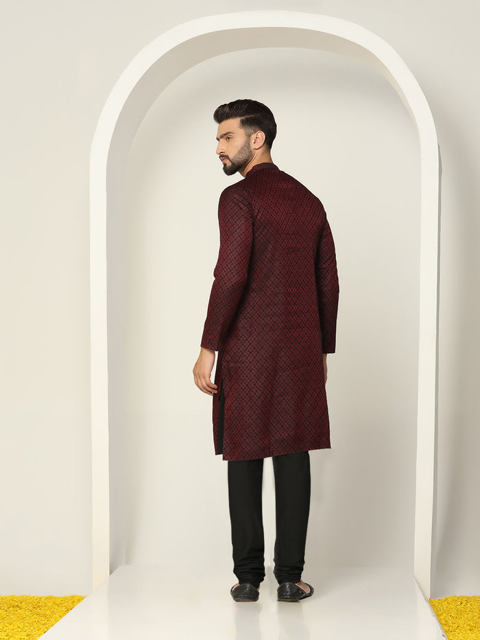 Maroon Art Silk Textured Kurta Churidar Set