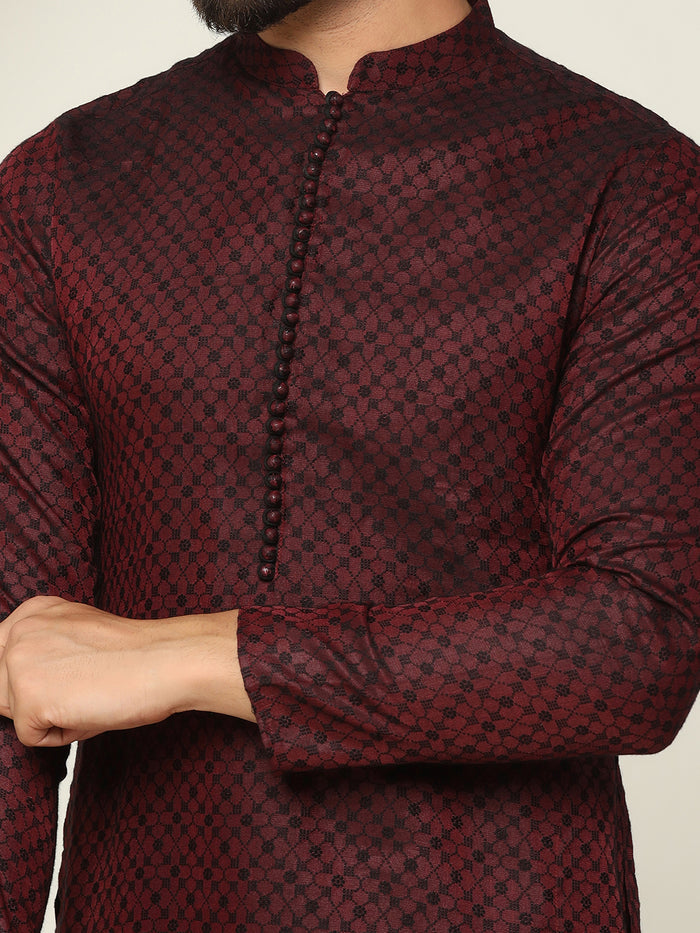 Maroon Art Silk Textured Kurta Churidar Set