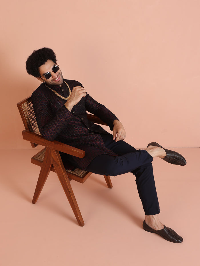 Maroon Black Textured Sherwani Trouser Set