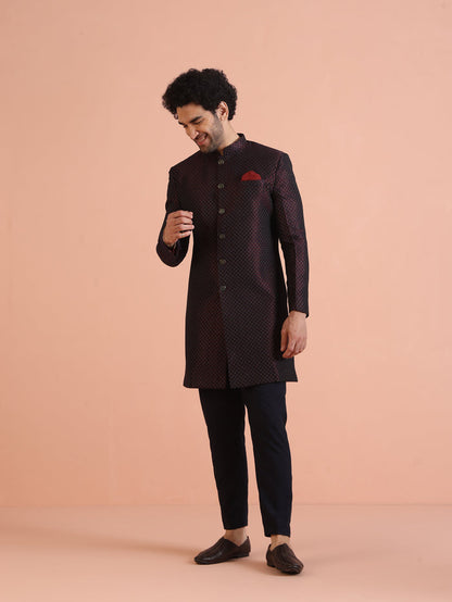 Maroon Black Textured Sherwani Trouser Set