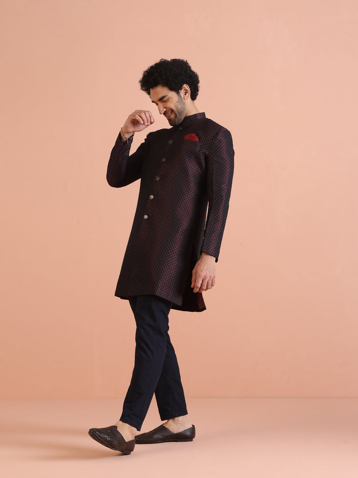 Maroon Black Textured Sherwani Trouser Set