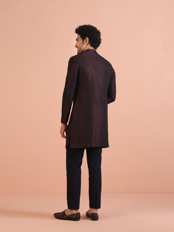 Maroon Black Textured Sherwani Trouser Set