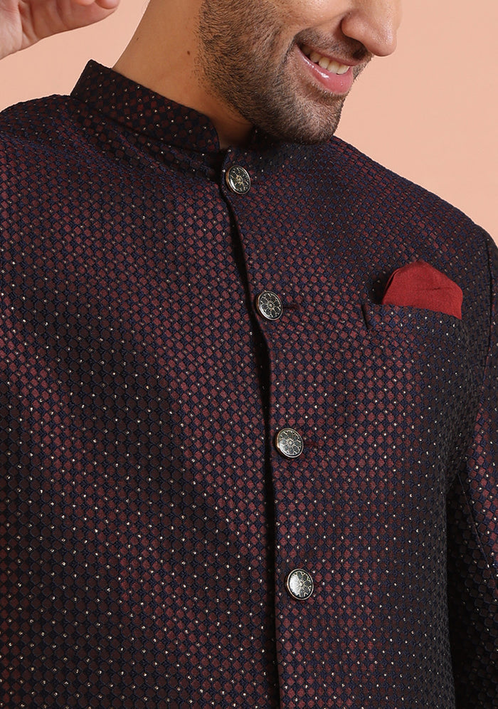 Maroon Black Textured Sherwani Trouser Set