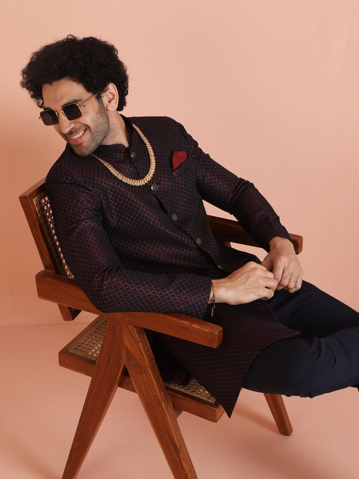 Maroon Black Textured Sherwani Trouser Set